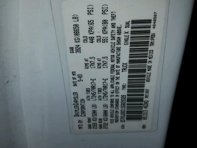 3D7KU26D13G829328 - 2003 DODGE RAM 2500 S WHITE photo 10