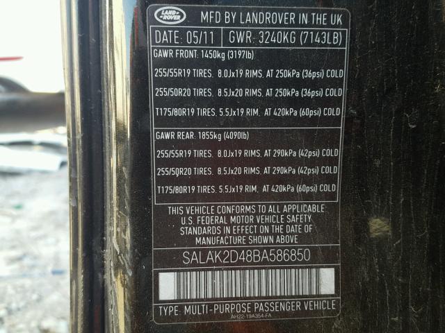 SALAK2D48BA586850 - 2011 LAND ROVER LR4 HSE LU BLACK photo 10