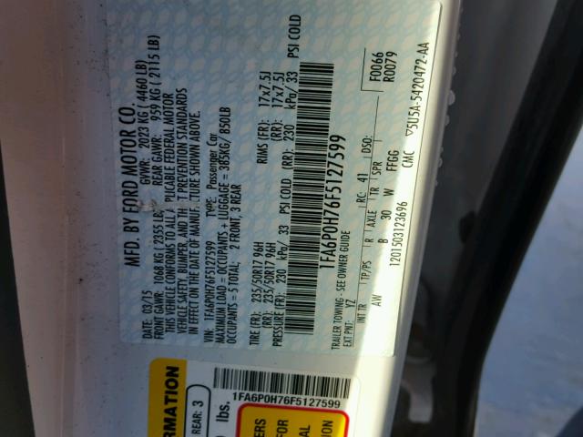 1FA6P0H76F5127599 - 2015 FORD FUSION SE WHITE photo 10