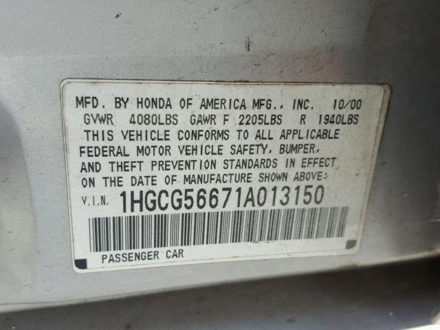 1HGCG56671A013150 - 2001 HONDA ACCORD EX SILVER photo 10