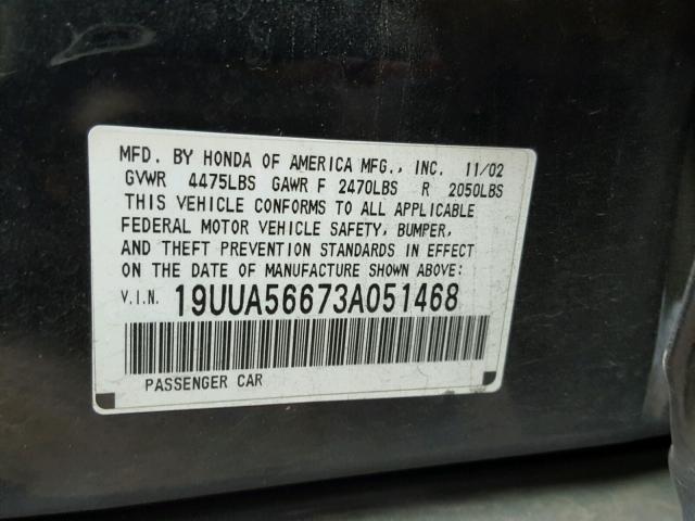 19UUA56673A051468 - 2003 ACURA 3.2TL BLACK photo 10