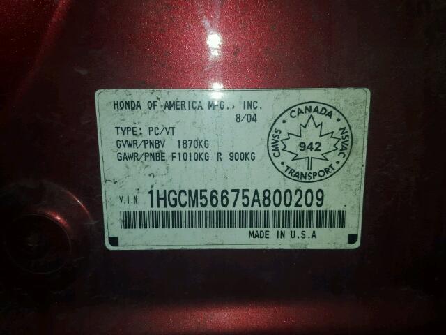 1HGCM56675A800209 - 2005 HONDA ACCORD EX RED photo 10