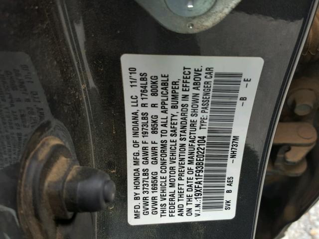 19XFA1F93BE022104 - 2011 HONDA CIVIC EXL GRAY photo 10