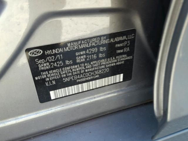 5NPEB4AC0CH368220 - 2012 HYUNDAI SONATA GLS GRAY photo 10