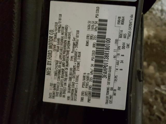 3FAHP01138R180100 - 2008 FORD FUSION SE BLACK photo 10