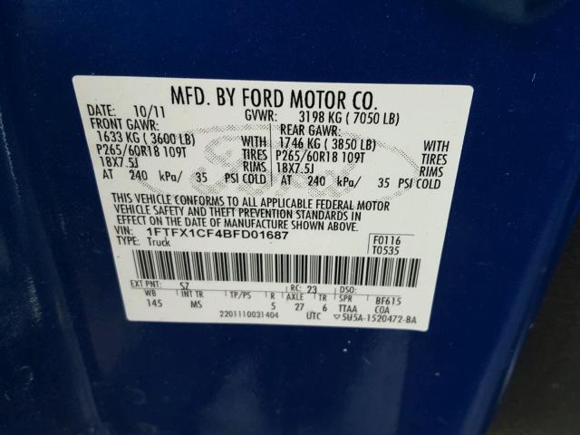 1FTFX1CF4BFD01687 - 2011 FORD F150 SUPER BLUE photo 10