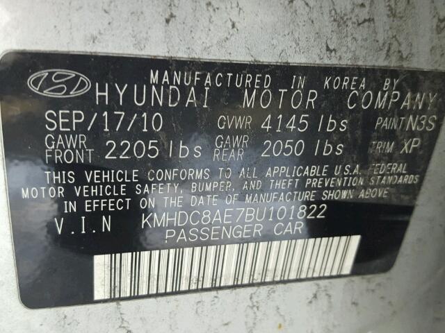 KMHDC8AE7BU101822 - 2011 HYUNDAI ELANTRA TO SILVER photo 10