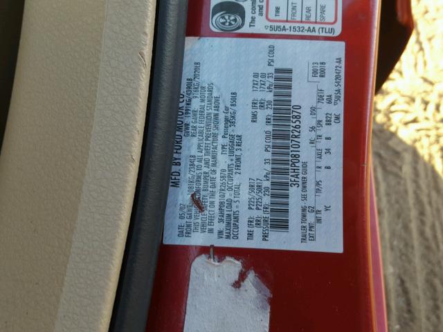 3FAHP08107R265870 - 2007 FORD FUSION SEL RED photo 10