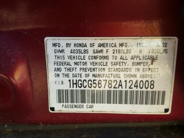 1HGCG56782A124008 - 2002 HONDA ACCORD SE MAROON photo 10