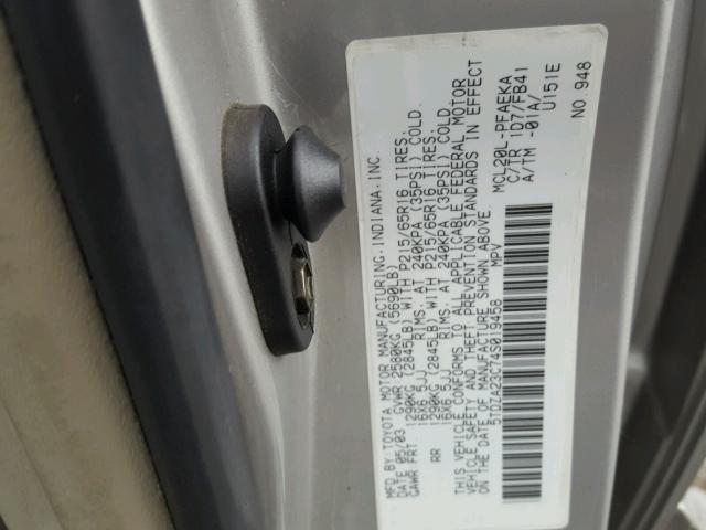 5TDZA23C74S019458 - 2003 TOYOTA SIENNA CE SILVER photo 10