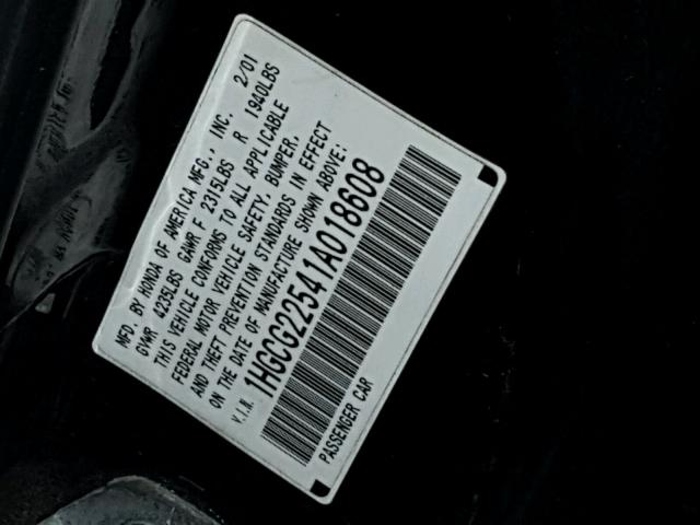 1HGCG22541A018608 - 2001 HONDA ACCORD EX BLACK photo 10