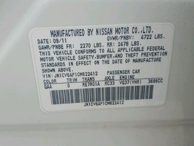 JN1CV6AP1CM622412 - 2012 INFINITI G37 BASE WHITE photo 10