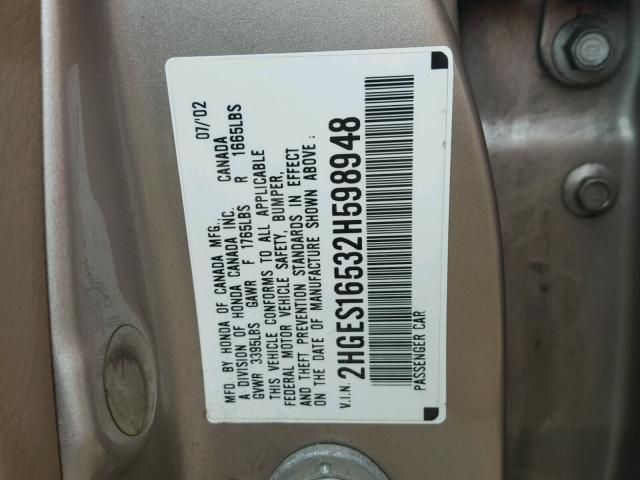 2HGES16532H598948 - 2002 HONDA CIVIC LX GOLD photo 10