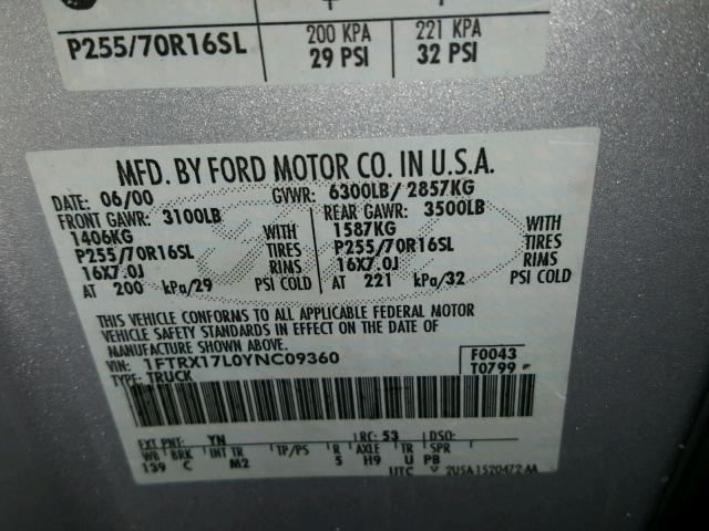 1FTRX17L0YNC09360 - 2000 FORD F150 SILVER photo 10