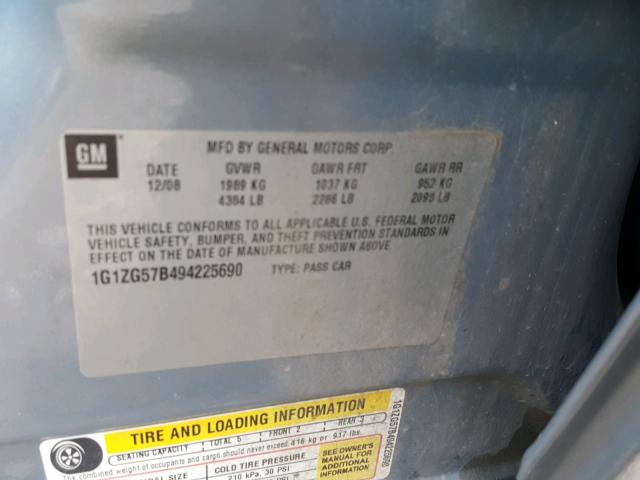 1G1ZG57B494225690 - 2009 CHEVROLET MALIBU LS ნაცრისფერი ფოტო 10