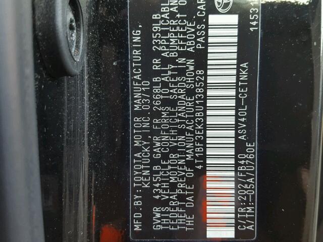 4T1BF3EK3BU138528 - 2011 TOYOTA CAMRY BASE BLACK photo 10