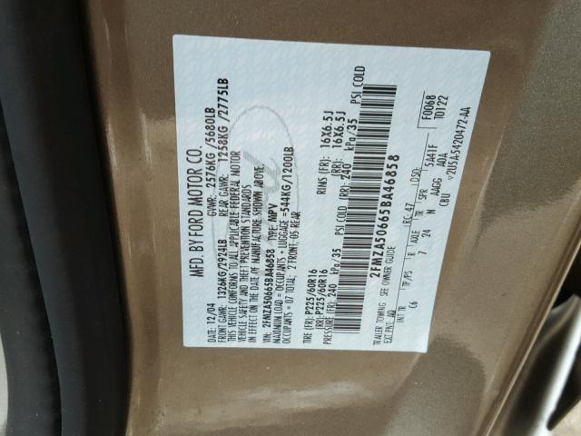 2FMZA50665BA46858 - 2005 FORD FREESTAR S TAN photo 10