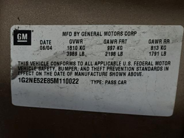 1G2NE52E85M110022 - 2005 PONTIAC GRAND AM S 金色 照片 10