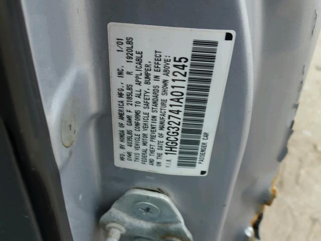 1HGCG32741A011245 - 2001 HONDA ACCORD EX SILVER photo 10