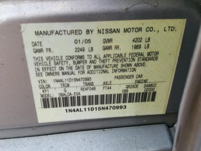 1N4AL11D15N470993 - 2005 NISSAN ALTIMA S SILVER photo 10