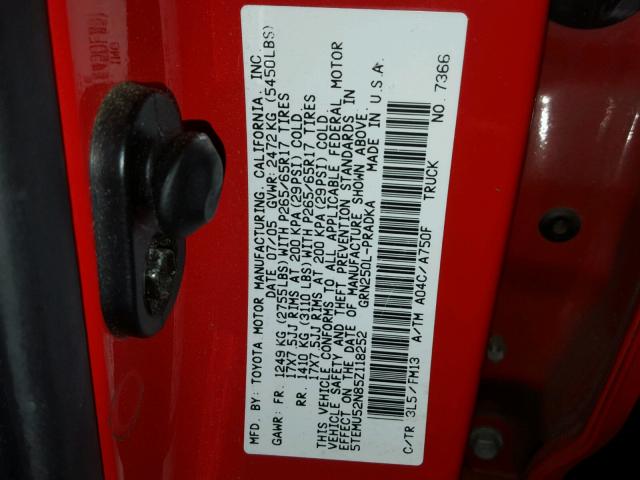 5TEMU52N85Z118252 - 2005 TOYOTA TACOMA DOU RED photo 10