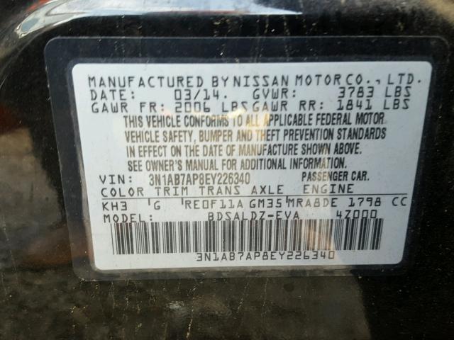 3N1AB7AP8EY226340 - 2014 NISSAN SENTRA S BLACK photo 10