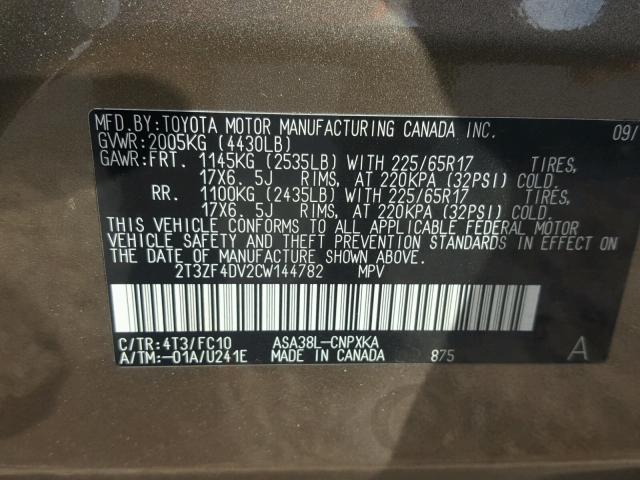 2T3ZF4DV2CW144782 - 2012 TOYOTA RAV4 GRAY photo 10