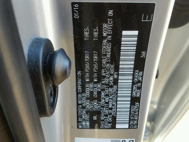 JTEBU5JR1G5312988 - 2016 TOYOTA 4RUNNER SR SILVER photo 10