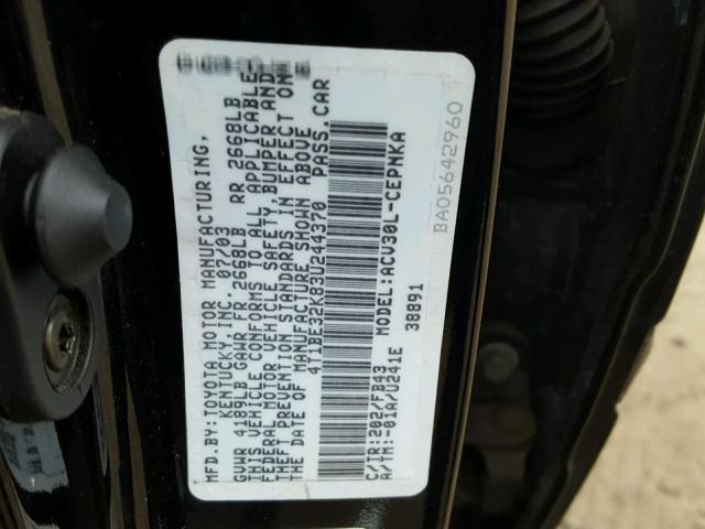 4T1BE32K83U244370 - 2003 TOYOTA CAMRY LE BLACK photo 10