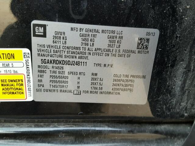 5GAKRDKD9DJ248111 - 2013 BUICK ENCLAVE შავი ფოტო 10