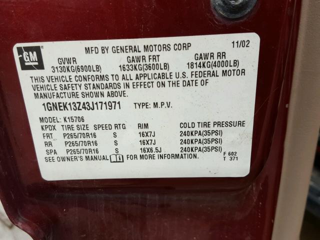 1GNEK13Z43J171971 - 2003 CHEVROLET TAHOE K150 RED photo 10