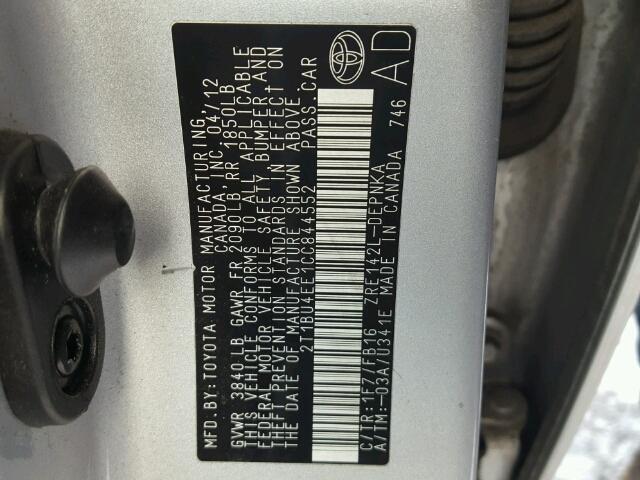 2T1BU4EE1CC844552 - 2012 TOYOTA COROLLA BA SILVER photo 10