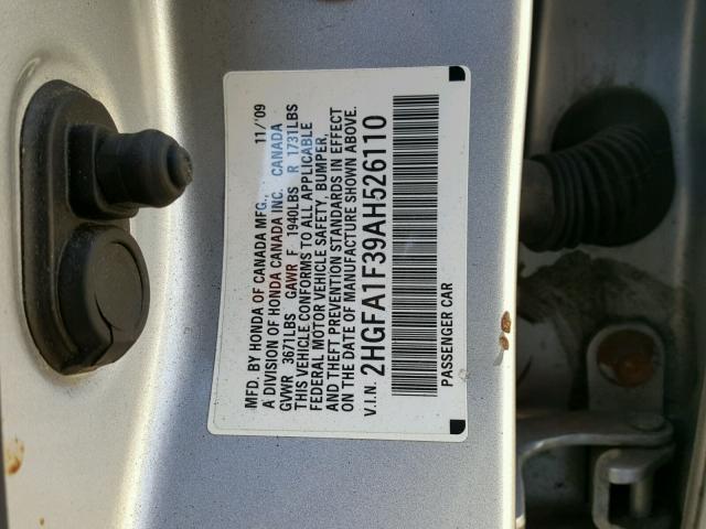 2HGFA1F39AH526110 - 2010 HONDA CIVIC VP GRAY photo 10