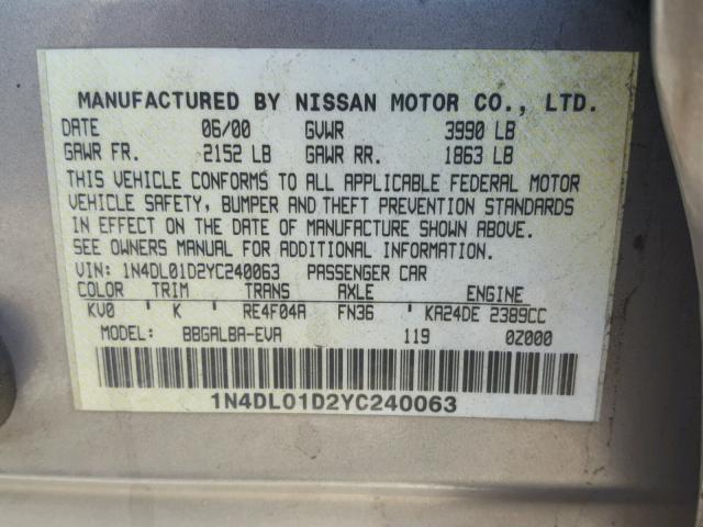 1N4DL01D2YC240063 - 2000 NISSAN ALTIMA XE GOLD photo 10