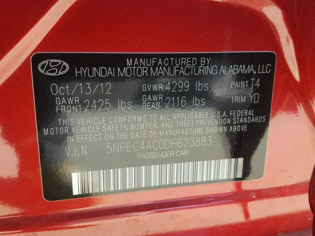 5NPEC4AC0DH623883 - 2013 HYUNDAI SONATA SE RED photo 10