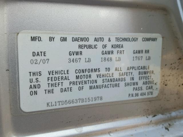 KL1TD56637B151978 - 2007 CHEVROLET AVEO BASE Күміс фото 10