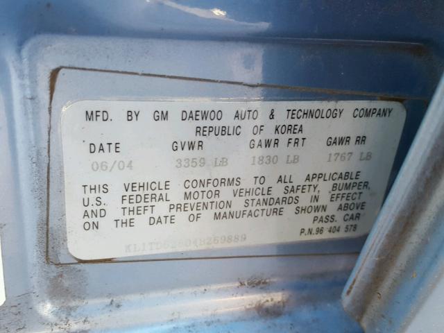 KL1TD52604B269889 - 2004 CHEVROLET AVEO BLUE photo 10