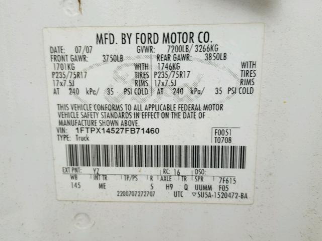 1FTPX14527FB71460 - 2007 FORD F150 WHITE photo 10