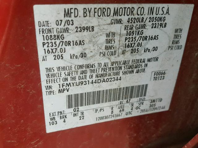 1FMYU93144DA02344 - 2004 FORD ESCAPE XLT RED photo 10