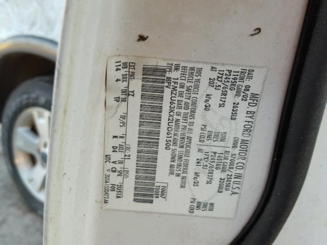 1FMZU63KX2UD61500 - 2002 FORD EXPLORER X WHITE photo 10