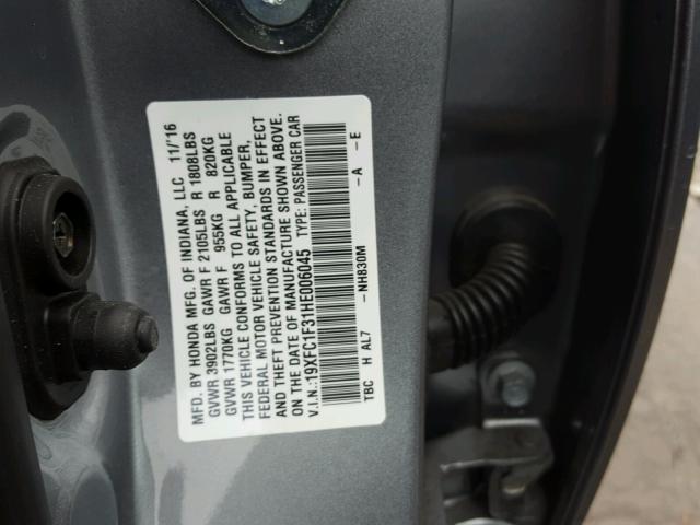 19XFC1F31HE006045 - 2017 HONDA CIVIC EX ნაცრისფერი ფოტო 10