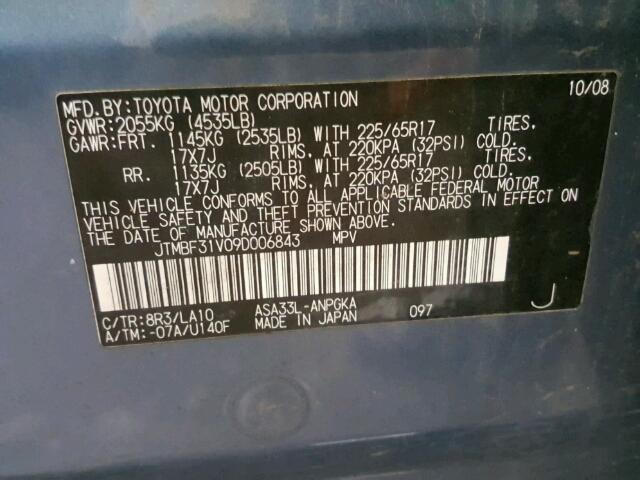 JTMBF31V09D006843 - 2009 TOYOTA RAV4 LIMIT BLUE photo 10