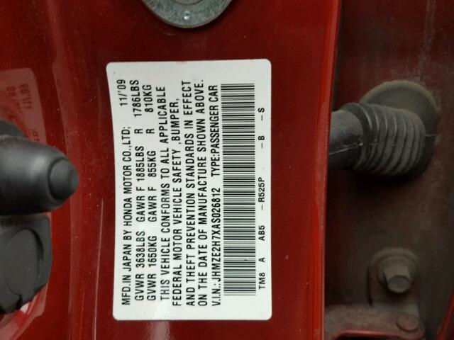 JHMZE2H7XAS026812 - 2010 HONDA INSIGHT EX RED photo 10