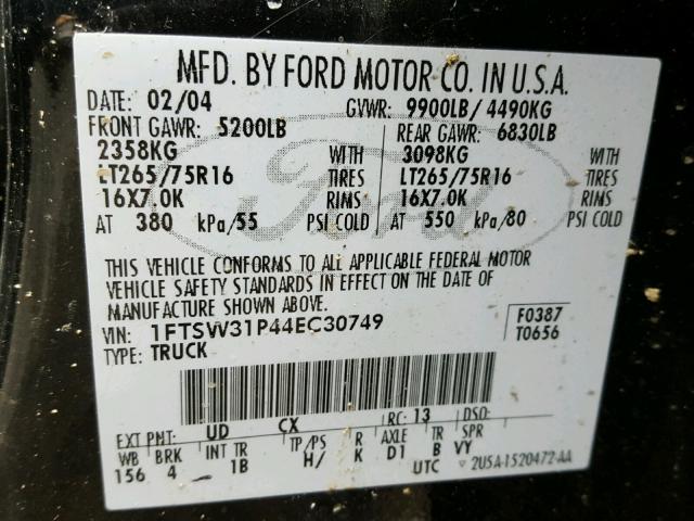 1FTSW31P44EC30749 - 2004 FORD F350 SRW S CHARCOAL photo 10