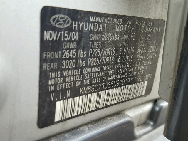 KM8SC73D35U920191 - 2005 HYUNDAI SANTA FE G SILVER photo 10