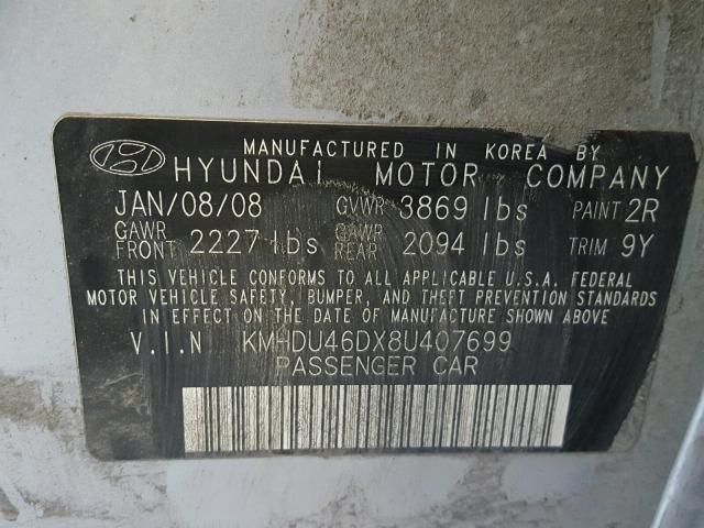 KMHDU46DX8U407699 - 2008 HYUNDAI ELANTRA GL SILVER photo 10