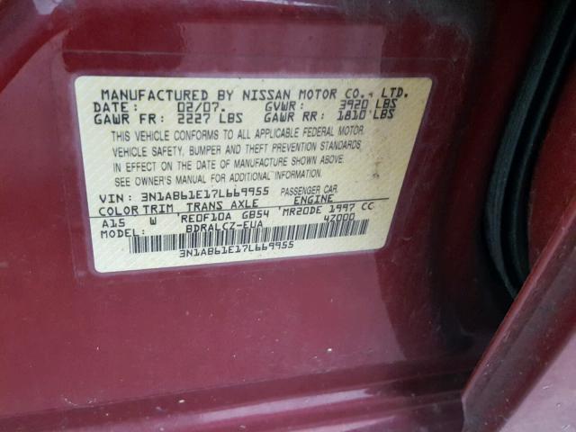 3N1AB61E17L669955 - 2007 NISSAN SENTRA 2.0 BURGUNDY photo 10