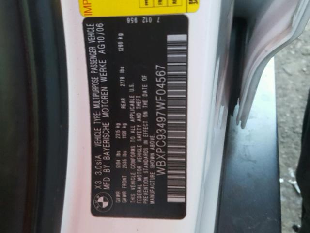 WBXPC93497WF04567 - 2007 BMW X3 3.0SI WHITE photo 10