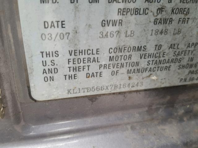 KL1TD566X7B164243 - 2007 CHEVROLET AVEO BASE Сұр фото 10