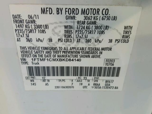 1FTMF1CMXBKD84140 - 2011 FORD F150 WHITE photo 10